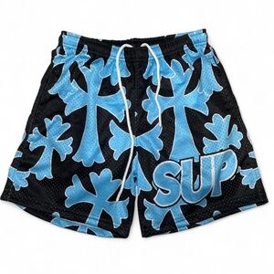 SUP Black and Blue Cross Drawstring Shorts - Brand New